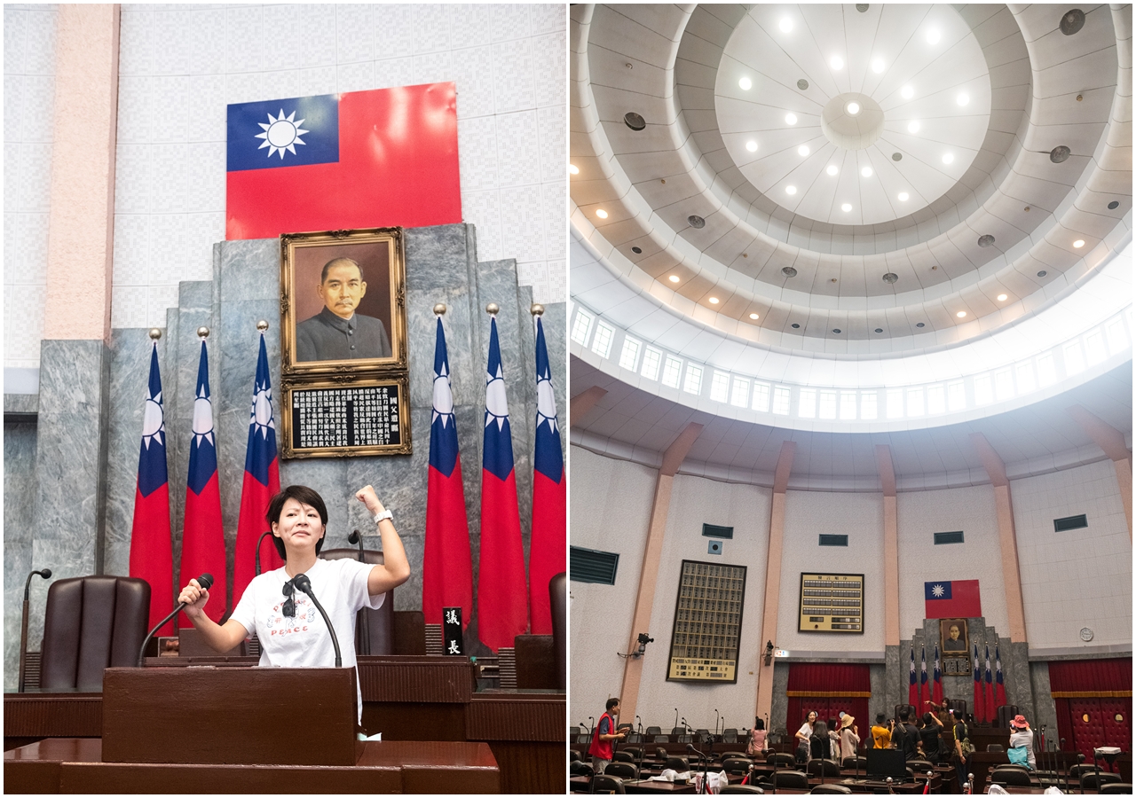 (左圖)議事堂發言台開放民眾拍照留念,假扮一日省議員;(右圖)議事堂的圓形拱頂建築,是仿造當時美國國會大廈的設計。