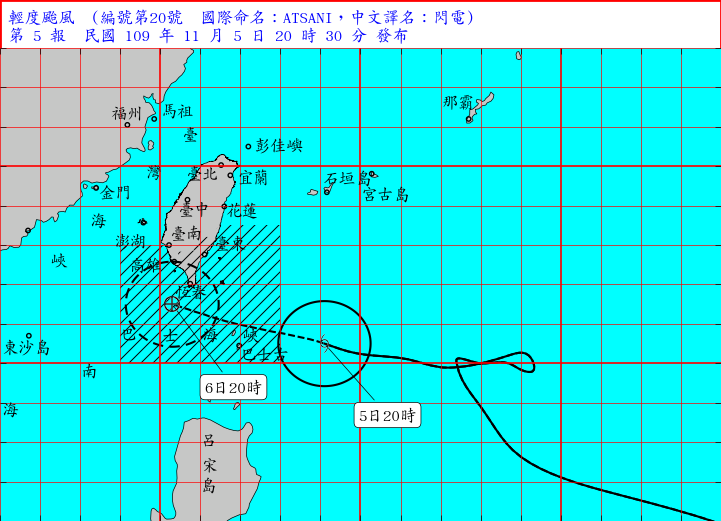 氣象局預測閃電颱風未來路徑。(翻攝自中央氣象局)