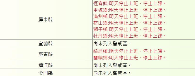 屏東縣6鄉鎮及台東縣綠島鄉、蘭嶼鄉6日停班停課。（翻攝自行政院人事行政總處全球資訊網）