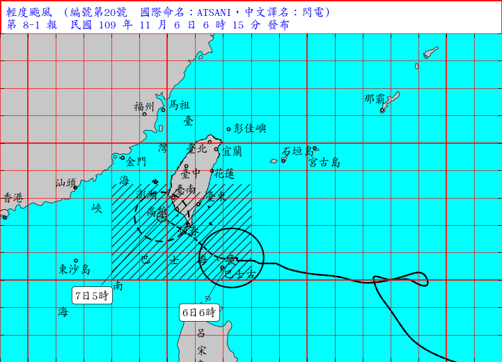 輕度颱風「閃電」逐漸逼近,今(6日)離台灣最近、影響也最大。(翻攝自中央氣象局官網)