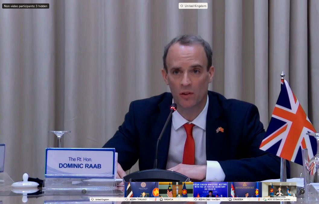 英國外交大臣拉布（Dominic Raab）在接觸某位武漢肺炎確診者之後，目前正在自我隔離當中。（翻攝自Dominic Raab推特）