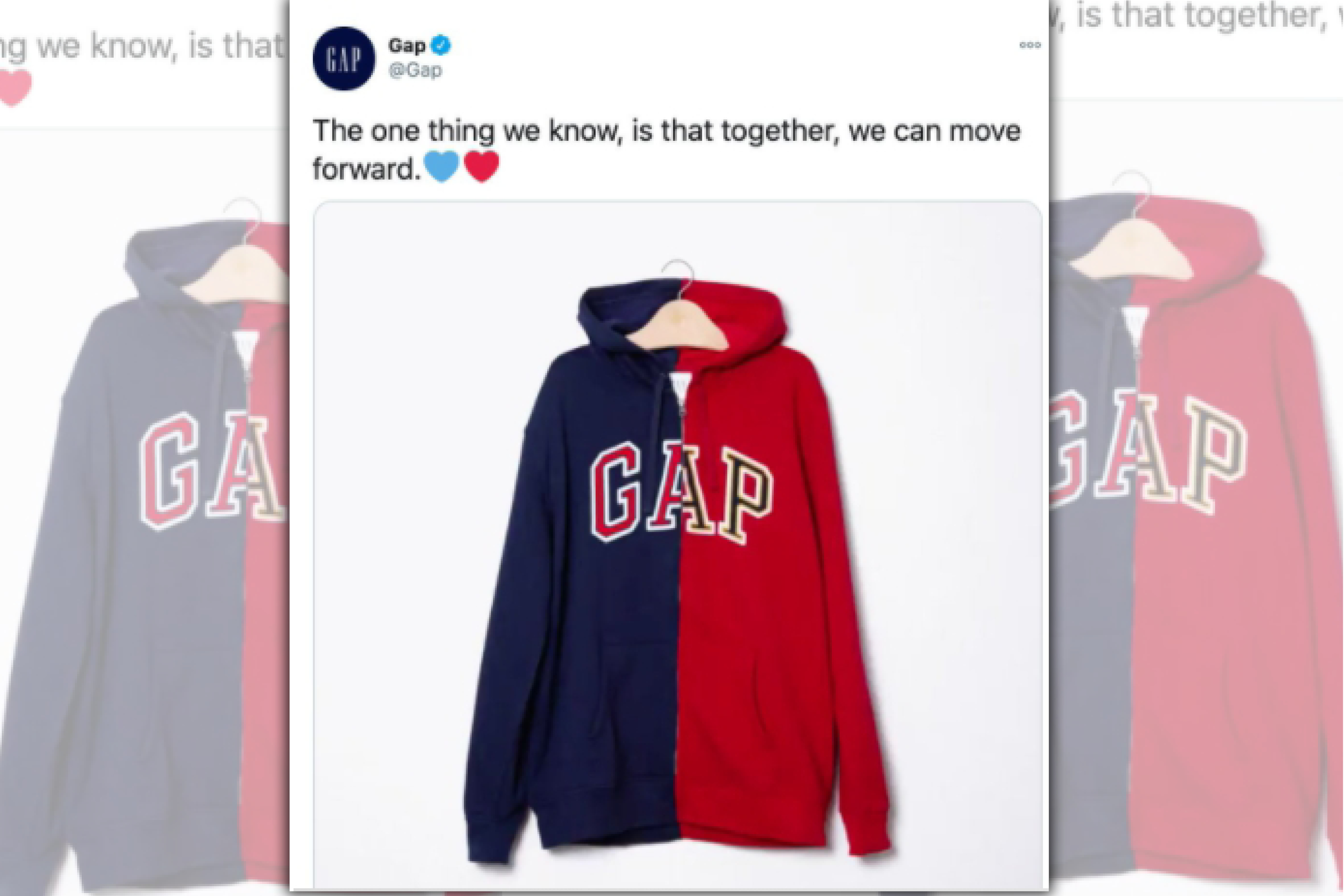 知名連鎖服裝品牌GAP搭上美國大選熱潮，卻被網友罵翻。（翻攝GAP 推特）