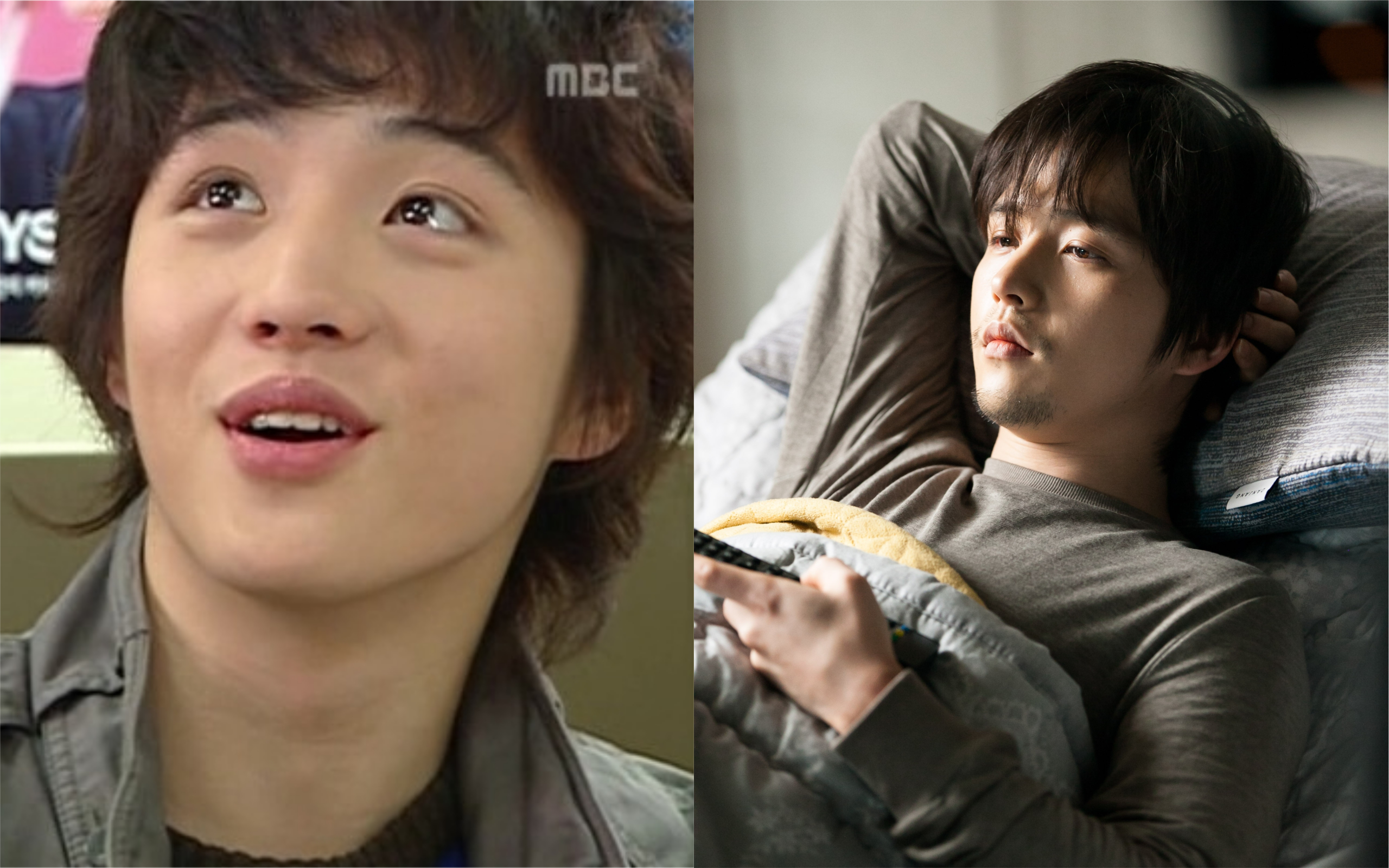 金彗星14年前演出韓劇《搞笑一家親》因花美男外型受到矚目（左圖，翻攝自MBC），他在新片《紙花》中飾演一名因意外下半身癱瘓的憂鬱男。（天馬行空提供）
