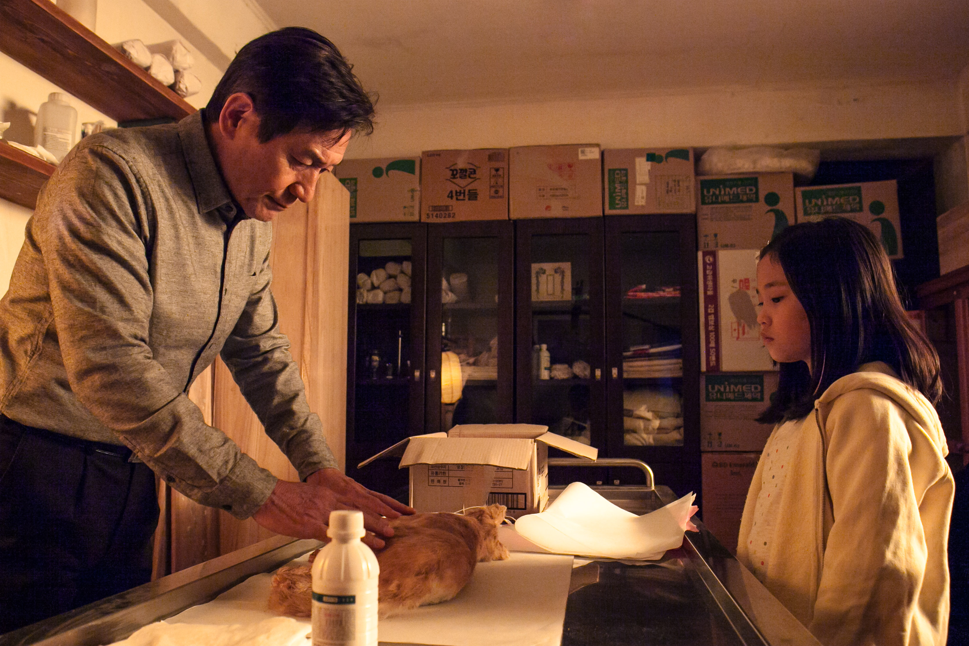 安聖基（左）飾演的禮儀師在《紙花》中帶著鄰居小女孩一起替流浪貓進行葬禮。（天馬行空提供）