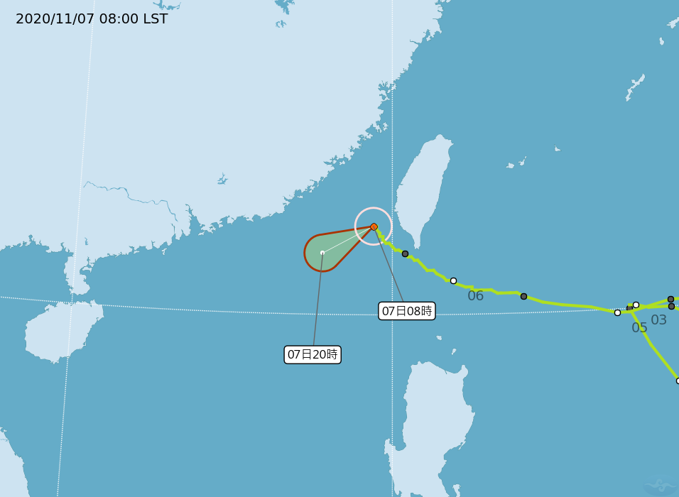 第20號輕度颱風閃電過去3小時強度略為減弱且暴風圈亦較縮小，台灣本島已脫離暴風圈。（翻攝自中央氣象局網站）