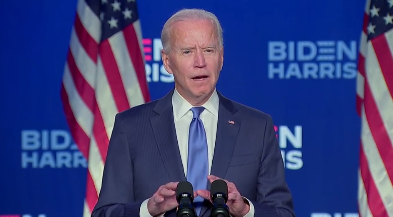 拜登在家鄉德拉瓦州威明頓市發表談話。（翻攝自拜登推特）