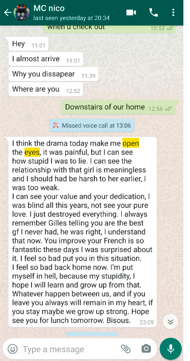 施暴後，尼可拉斯傳簡訊向H小姐認錯，希望取得原諒。（讀者提供）