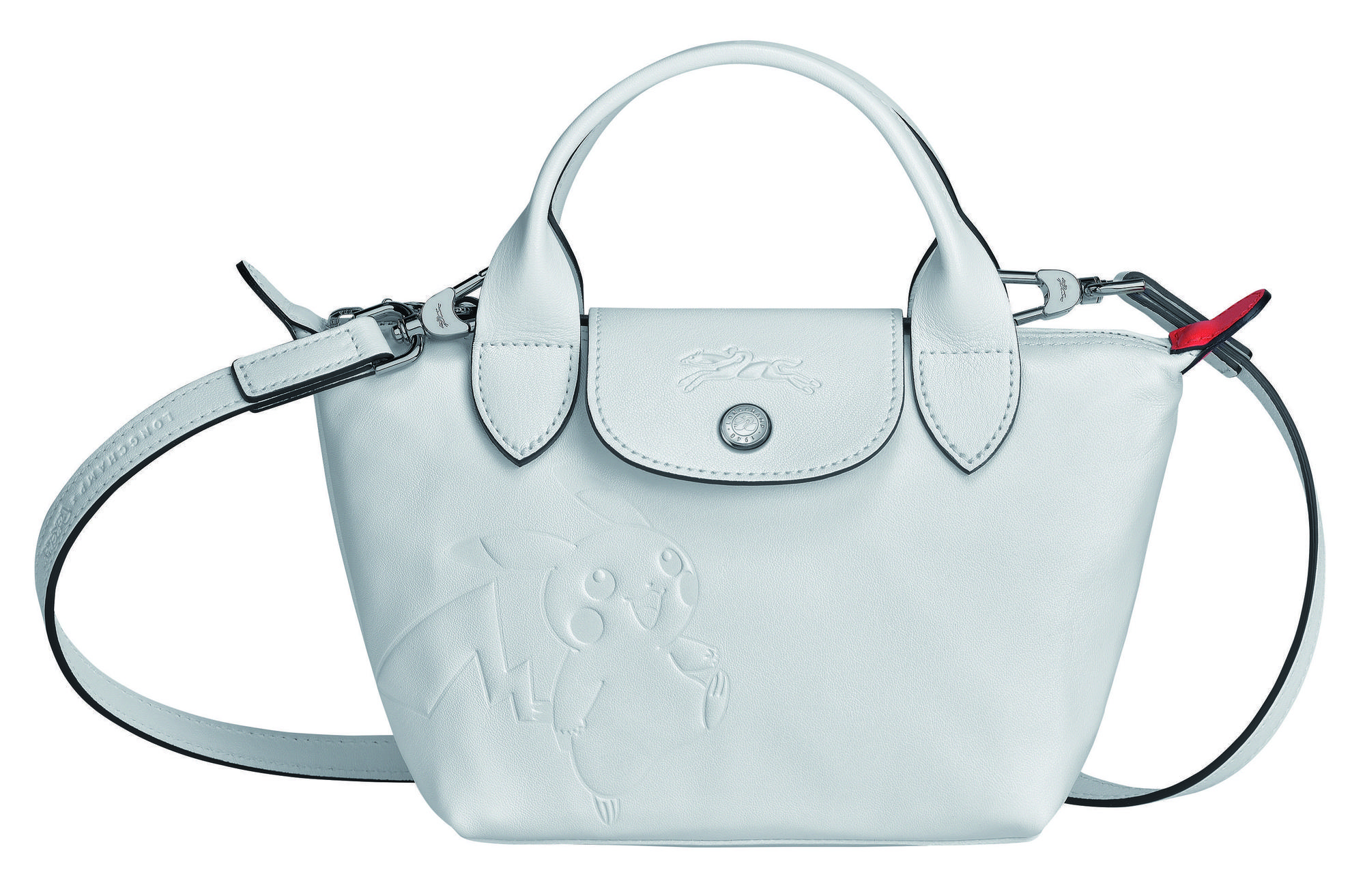 LONGCHAMP x Pokémon聯名系列Le Pliage白色迷你手提包。NT$18,700（LONGCHAMP提供）