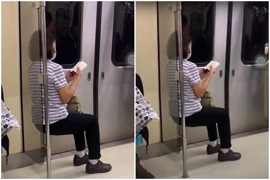一名婦人在搭乘捷運時屁股懸空,雙腳彎曲呈90度.像是坐在「透明椅子」上,令網友嘖嘖稱奇。(翻攝自爆廢公社)