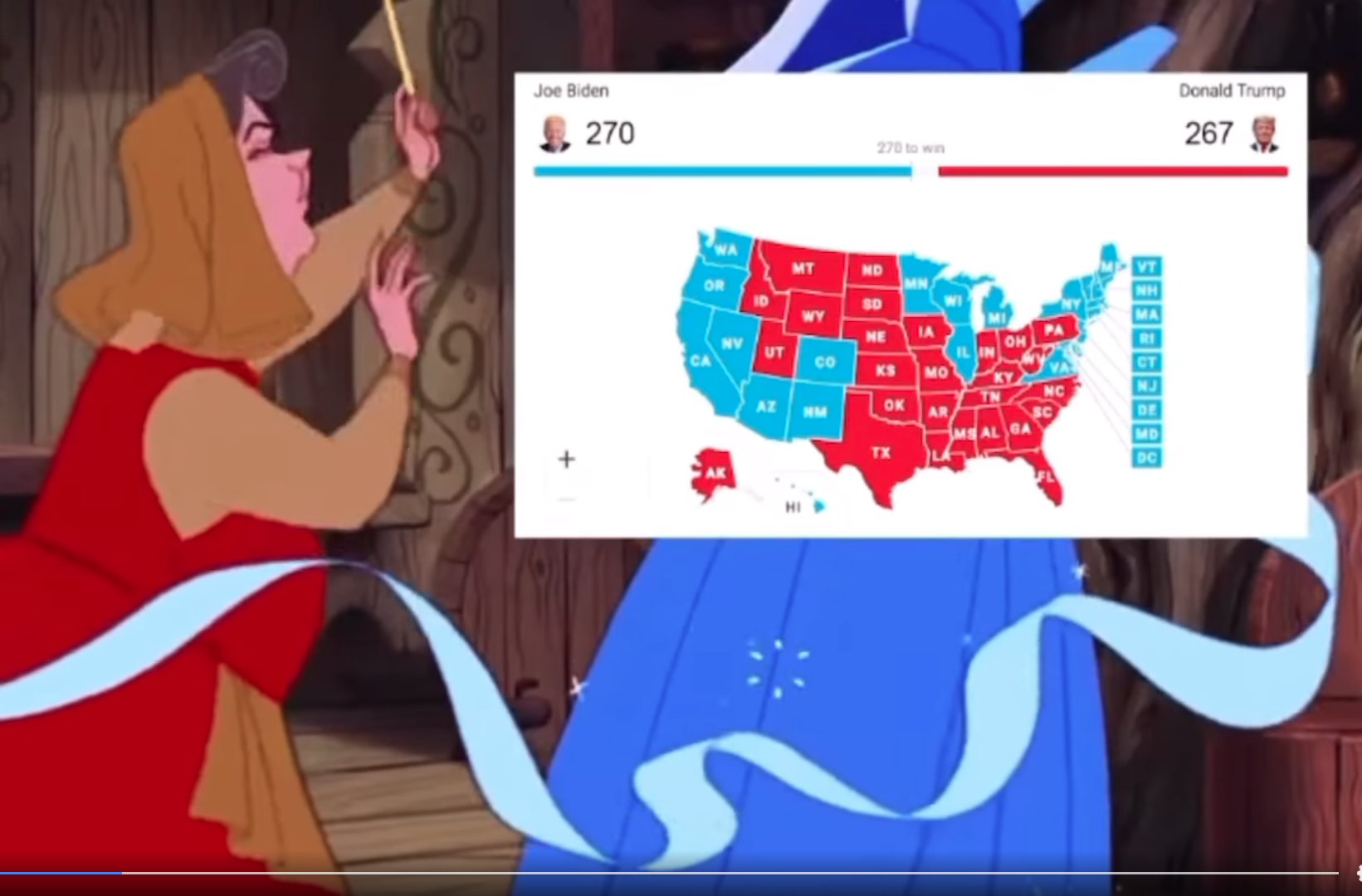 美國大選的膠著戰況被網友神比喻為《睡美人》的禮服片段。（翻攝自「Memo Aponte Mille」臉書）