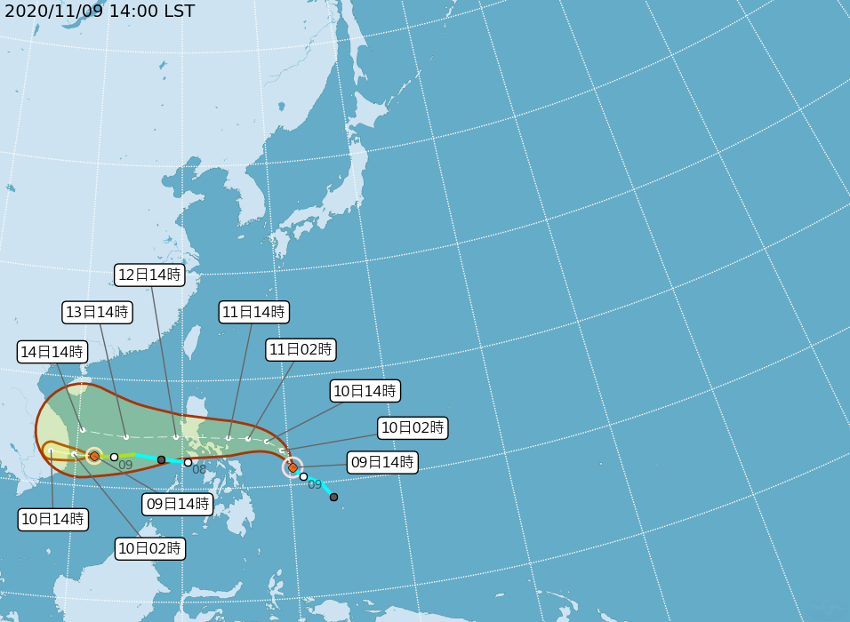 氣象局指出,今日「艾陶」與「梵高」兩個颱風接力生成。(翻攝自中央氣象局)