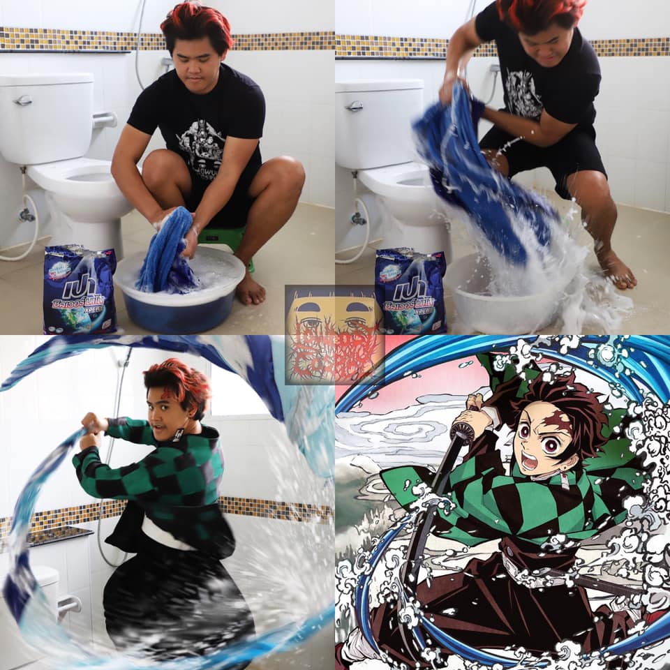 炭治郎的「水之呼吸」，他把一條浴巾浸水後，就能展現的維妙維肖。