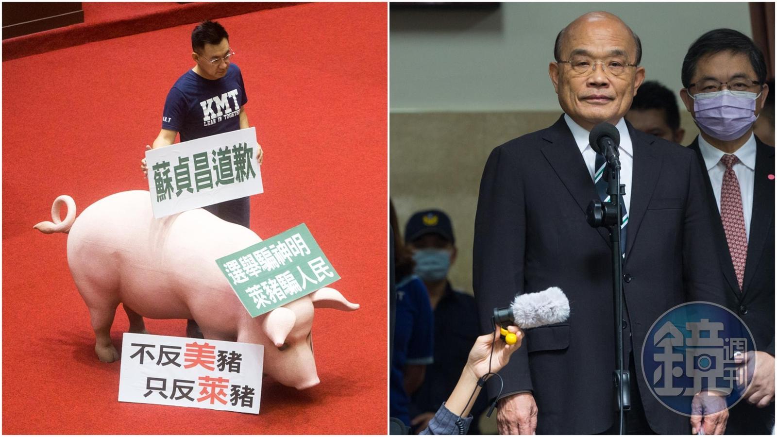 國民黨團數度抬出粉紅豬隻裝置藝術進議場杯葛蘇貞昌(右)報告與接受備詢。(本刊資料照)