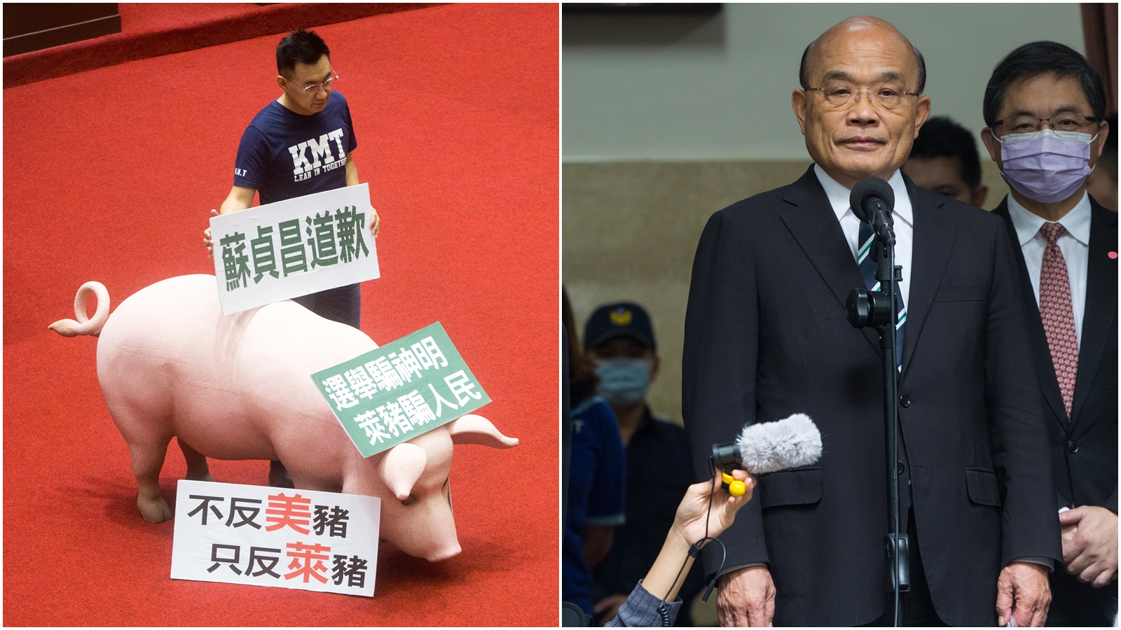 國民黨團數度抬出粉紅豬隻裝置藝術進議場杯葛蘇貞昌（右）報告與接受備詢。（本刊資料照）