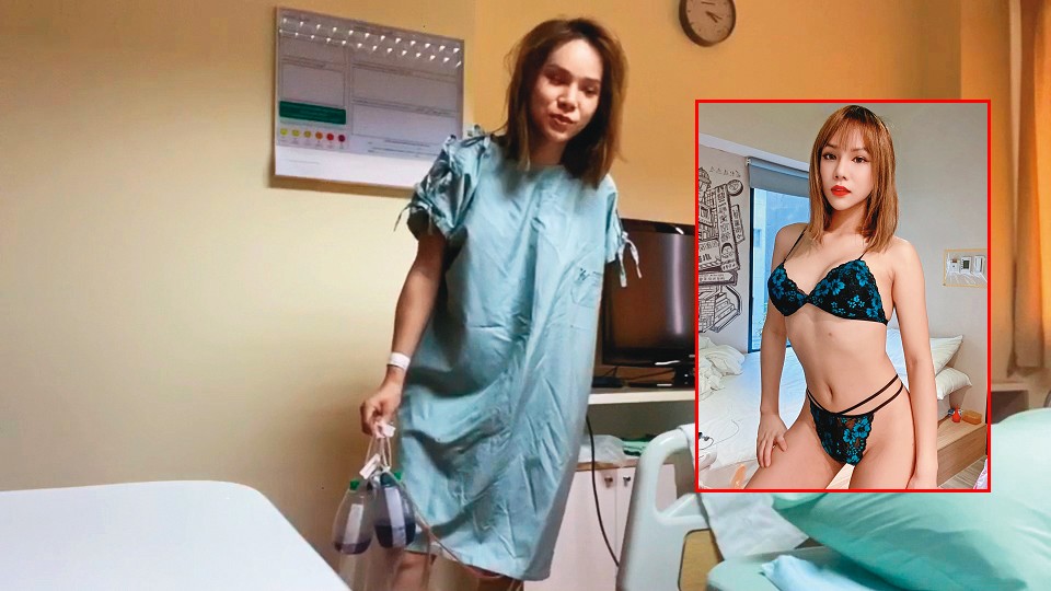 手術完成後，小A辣躺床7天，終於可以下床走動，手上還拿著尿袋。（小A辣提供）