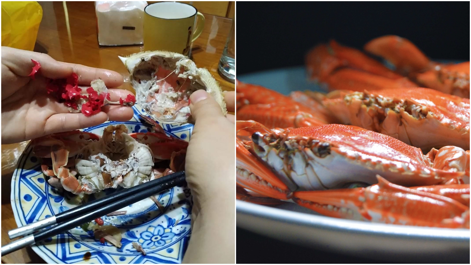 網友表示自己吃螃蟹吃到滿嘴紅色碎片,嚇得她po網提醒大家吃東西一定要注意。(翻攝自《爆料公社》臉書、pexels)