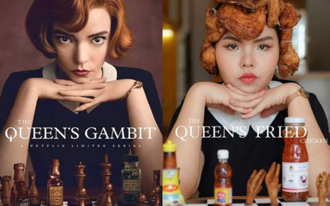 賽恩（左圖）頭「戴」上雞翅、雞腿，神還原了《后翼棄兵》女主角（右圖）的復古造型。（翻攝自Framsook Lek Lek臉書）