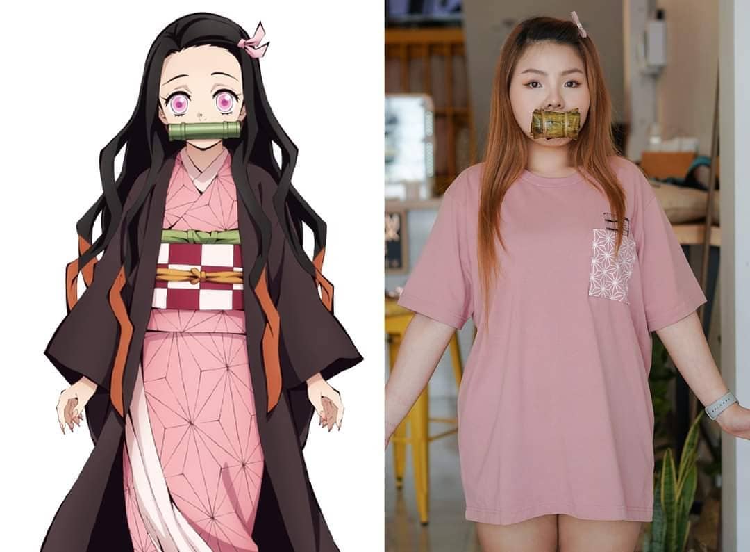 《鬼滅之刃》的女主角禰豆子（左圖）咬竹筒，以防咬人，賽恩（右圖）則改咬粽子。（翻攝自Framsook Lek Lek臉書）