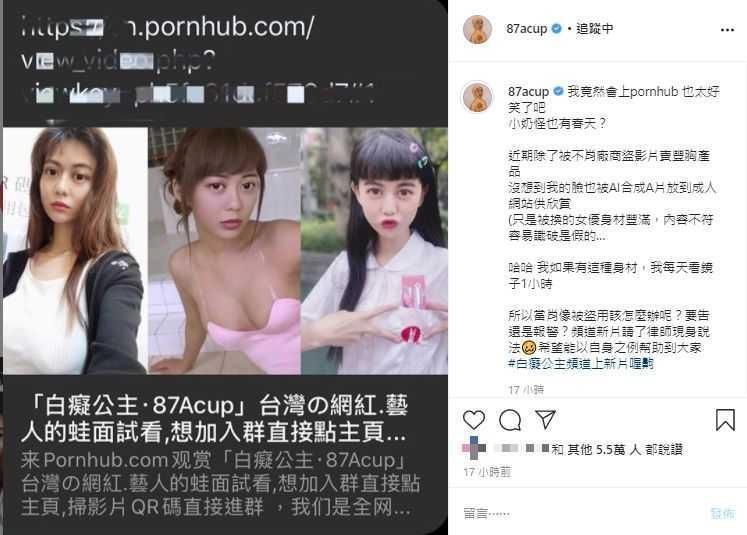 youtuber「白癡公主」被色情網站盜用照片成謎片。(翻攝自87acup IG)