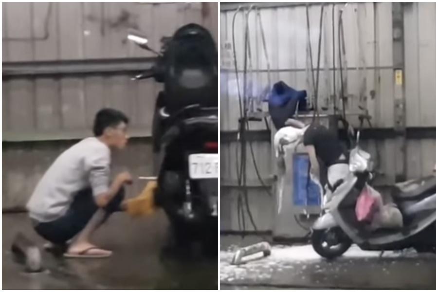 女子直接在自助洗車區洗頭,一旁的洗車小弟看呆。(翻攝自爆廢1公社臉書)