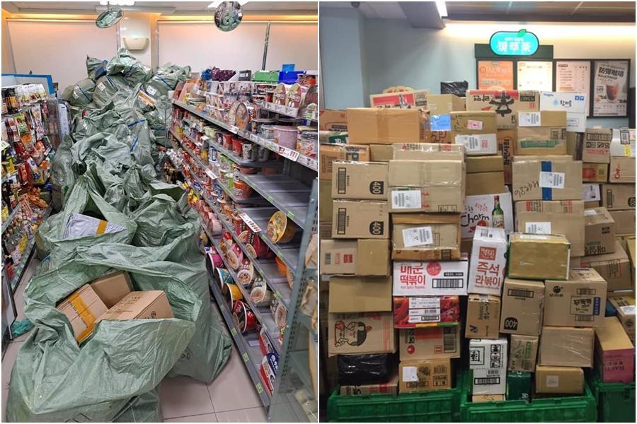 堆積如山的包裹占滿超商走道，網友紛紛向店員道歉。（翻攝自爆廢1公社、爆怨2公社）