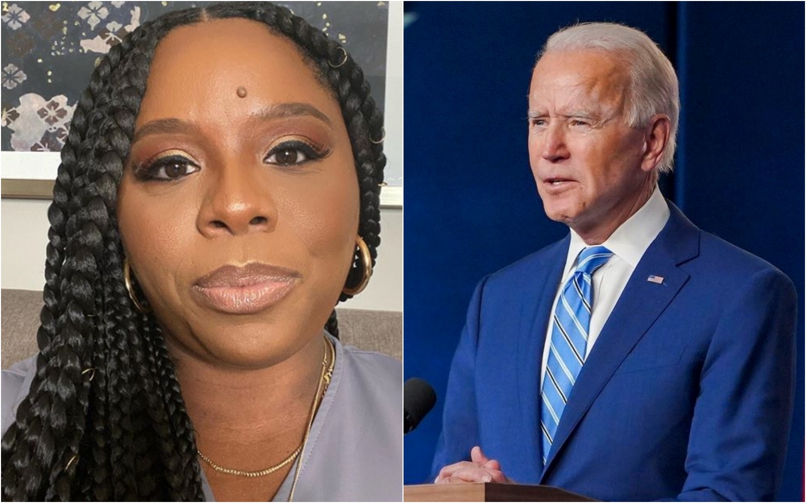 BLM發起人庫洛斯（左）呼籲準總統盪選人拜登（右），應兌現選前對於非裔社群的承諾。（翻攝自庫洛斯IG／拜登臉書）