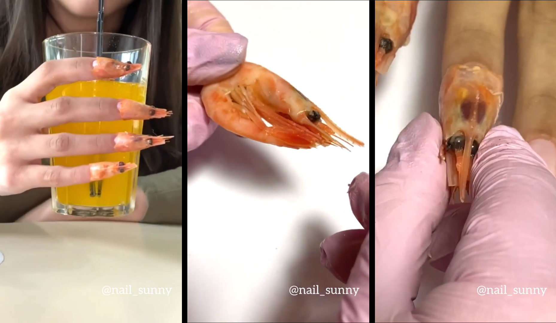 俄羅斯美甲師用「蝦頭」裝飾指甲,被批評殘忍、噁心。(翻攝自Nail Sunny IG)