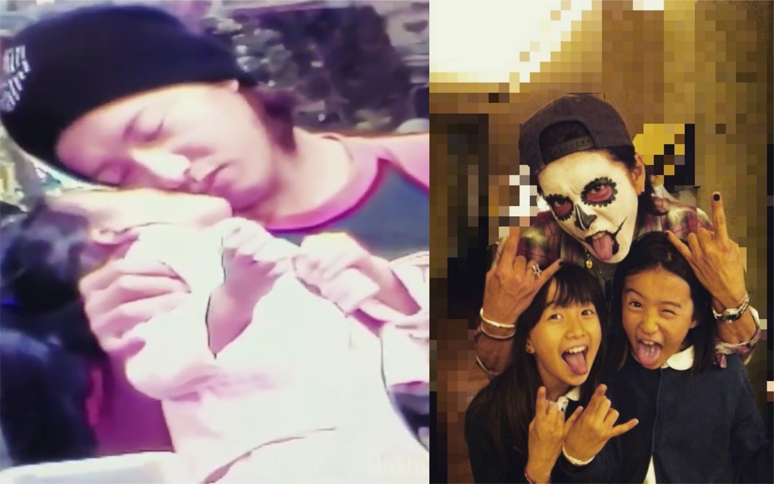 木村拓哉今天48歲生日，女兒光希上傳她小時狂親木村的影片（左圖），也分享父女3人比出Rocker手勢的逗趣合照。（翻攝自光希IG）