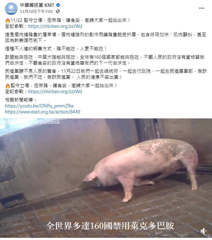 國民黨在影片中宣稱豬隻顫抖是因為被餵食了萊克多巴胺,但提供影片的動保團體否認這一說法。(翻攝自中國國民黨臉書)