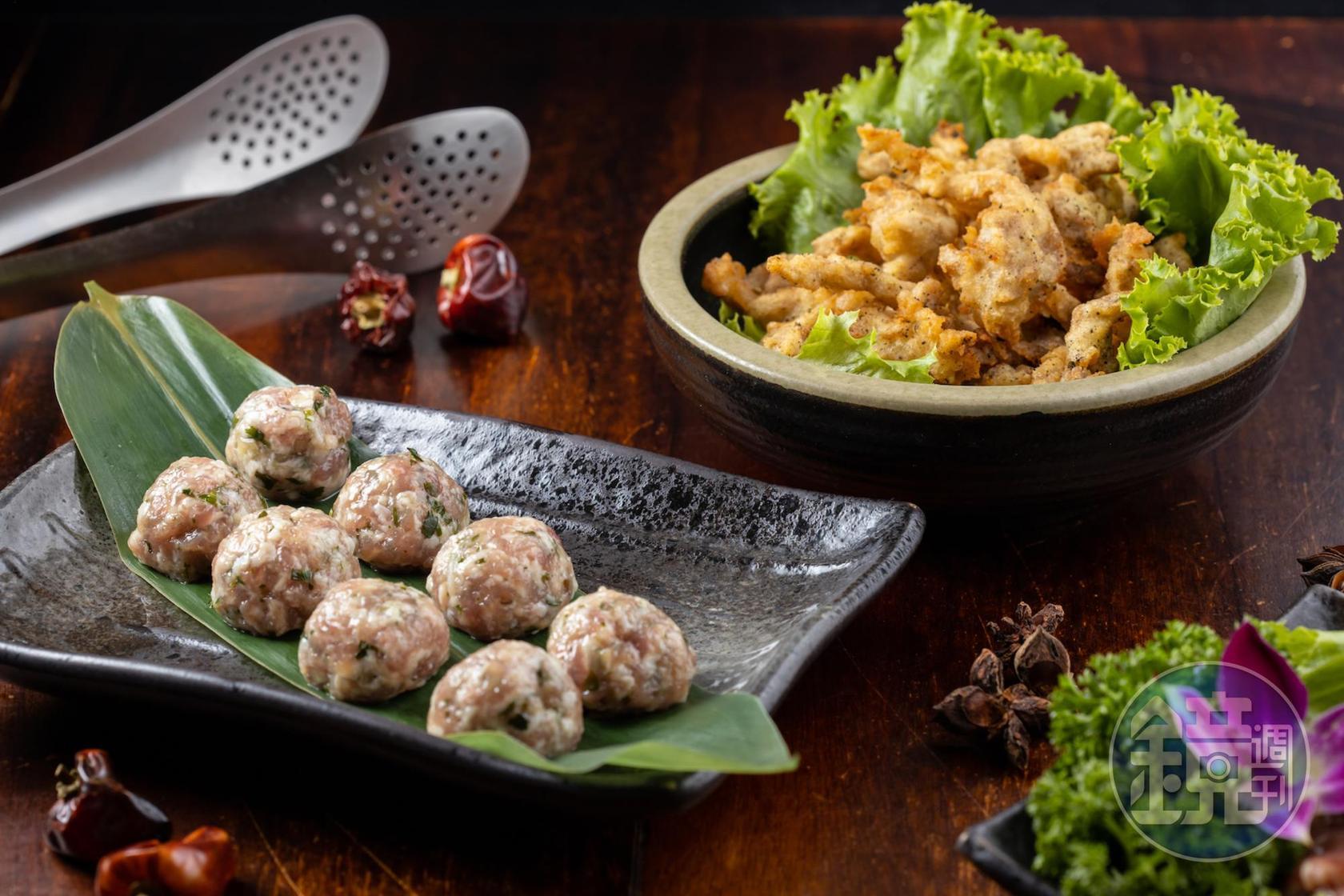 耐煮的「手打香菜圓子」（左，220元／份）能吸納湯頭鮮香；「炸酥肉」（右，150元／份）可直接吃也能丟進鍋裡煮。