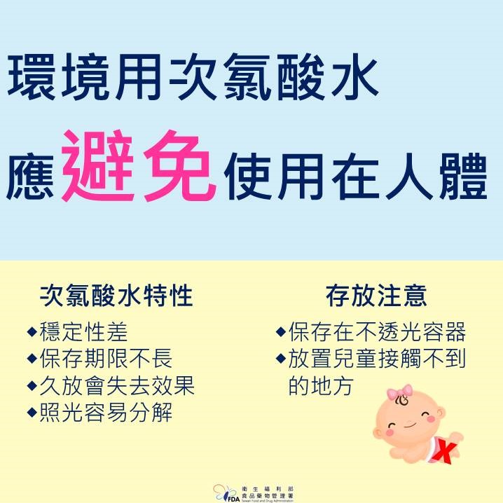 食藥署提醒,次氯酸水僅為一般洗潔劑,應避免使用在人體。(食品藥物管理署提供)