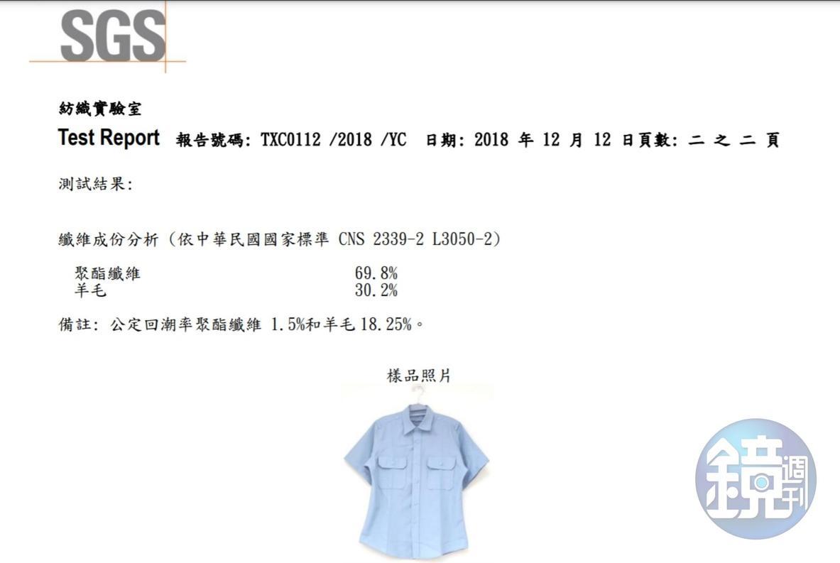 一名高中教官將制服送驗，材質檢驗羊毛成分僅30.2%。（讀者提供）