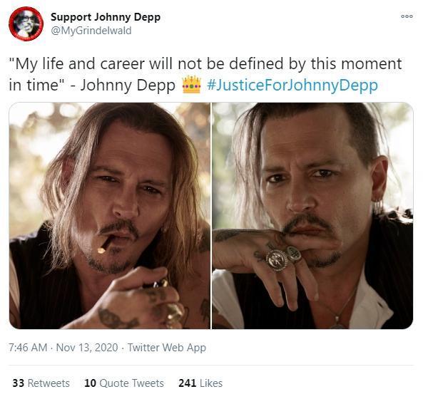 網路上發起「#JusticeforJohnnyDepp」的活動，希望幫強叔討公道。（翻攝自推特）★《鏡週刊》關心您：抽菸有害身心健康。