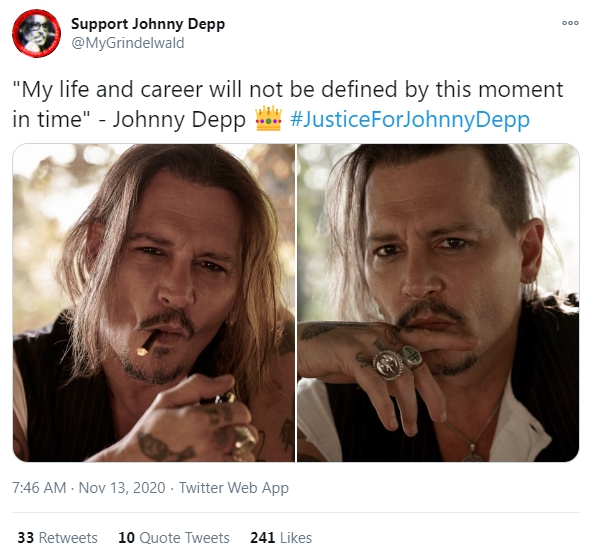 網路上發起「#JusticeforJohnnyDepp」的活動，希望幫強叔討公道。（翻攝自推特）★《鏡週刊》關心您：抽菸有害身心健康。