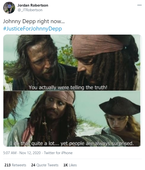 網路上發起「#JusticeforJohnnyDepp」的活動，希望幫強叔討公道。（翻攝自推特）