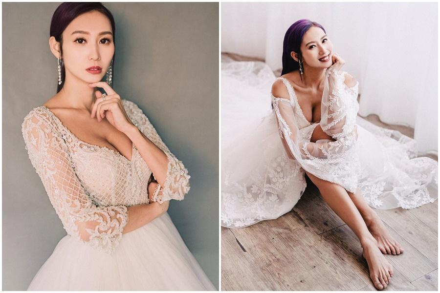 港爆乳女星莊韻澄被圈外男友套牢,大秀深V婚紗。(翻攝自莊韻澄IG)