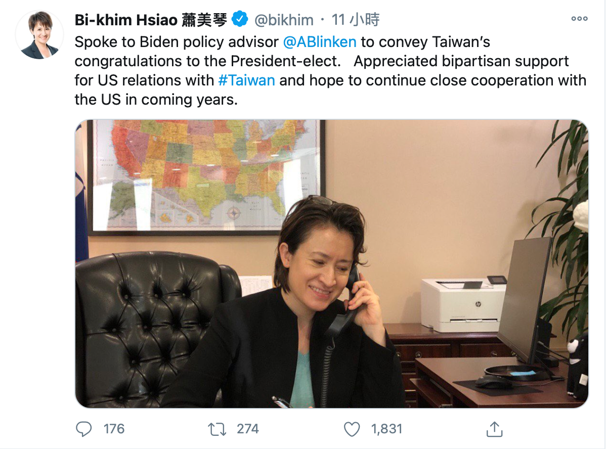 蕭美琴在twitter上發文，表示代表台灣致電恭喜拜登勝選。（翻攝自蕭美琴twitter）