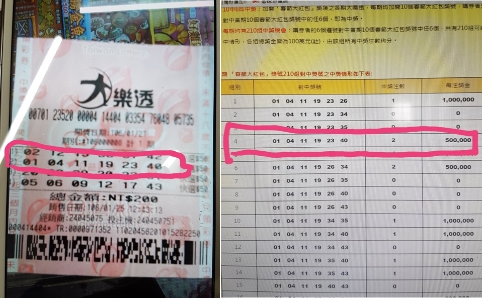 一名網友在2017年春節購買大樂透時，幸運對中6個號碼，但因為還有另一人中獎，讓他氣到得憂鬱症。（翻攝自臉書社團「爆廢1公社」）