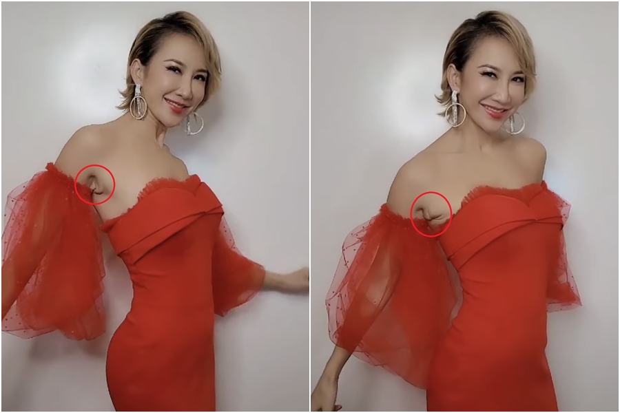 李玟在影片中穿著紅色禮服跳舞時,將手抬起和放下的瞬間,腋下「歲月痕跡」曝光引起討論。(翻攝自李玟抖音)