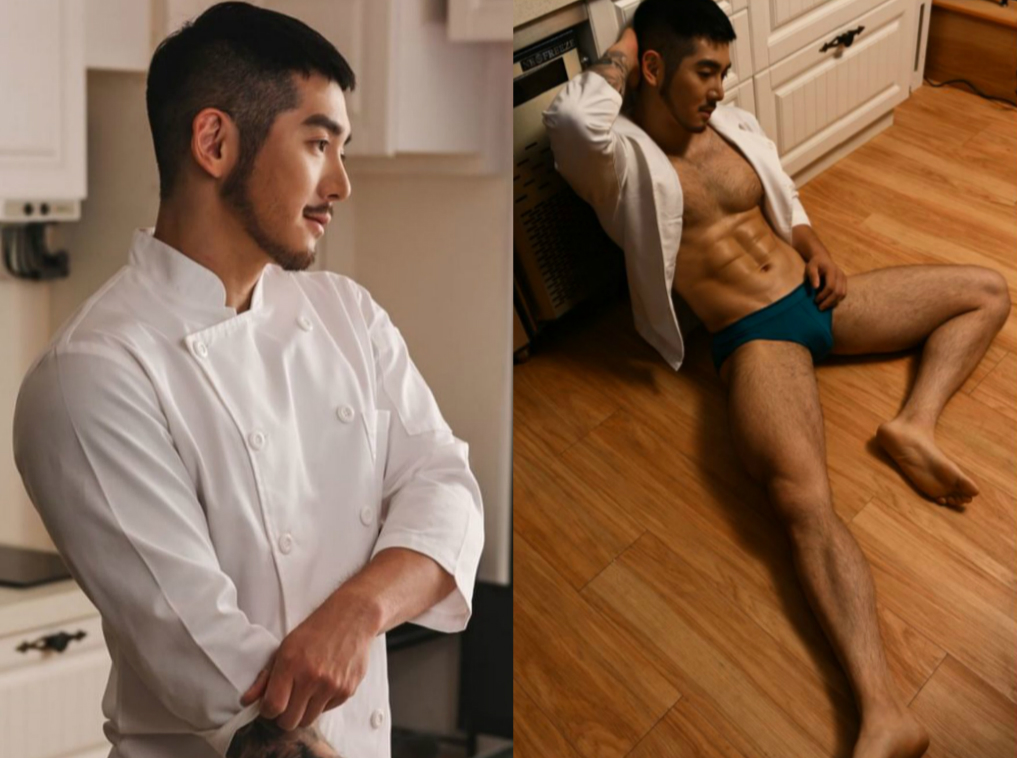 阿良在新出版的《PERSON：深夜名堂攝影集》扮演巨肉廚師，潔白的料理服與豐饒體毛爬滿的黝黑胸肌充滿衝突美。（尖端出版提供）  