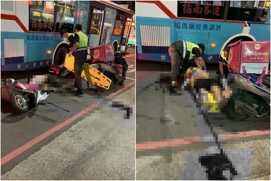 一名20歲熊貓外送員疑騎車時未與前車保持安全距離而摔車,安全帽噴飛頭部撞地身亡。(翻攝畫面)