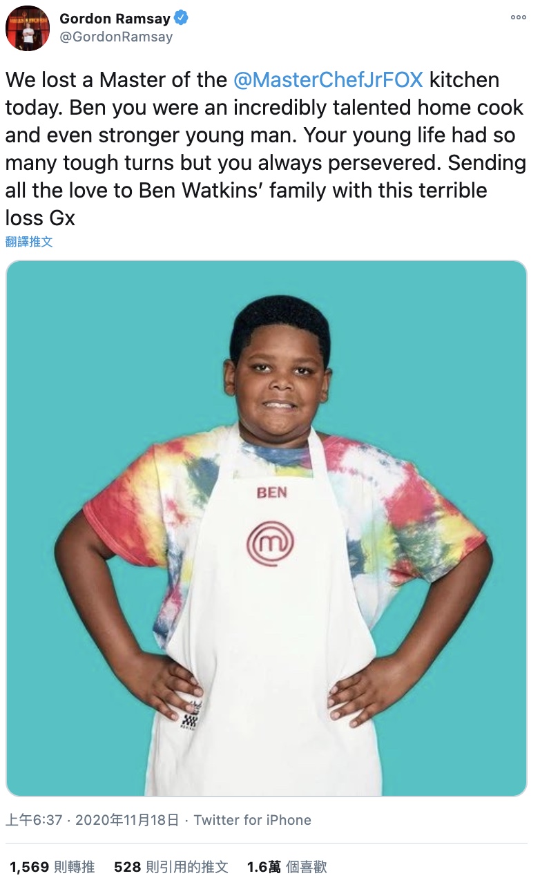 節目主持人戈登拉姆齊(Gordon Ramsey)也在推特發文哀悼班。(翻攝自戈登拉姆齊推特)
