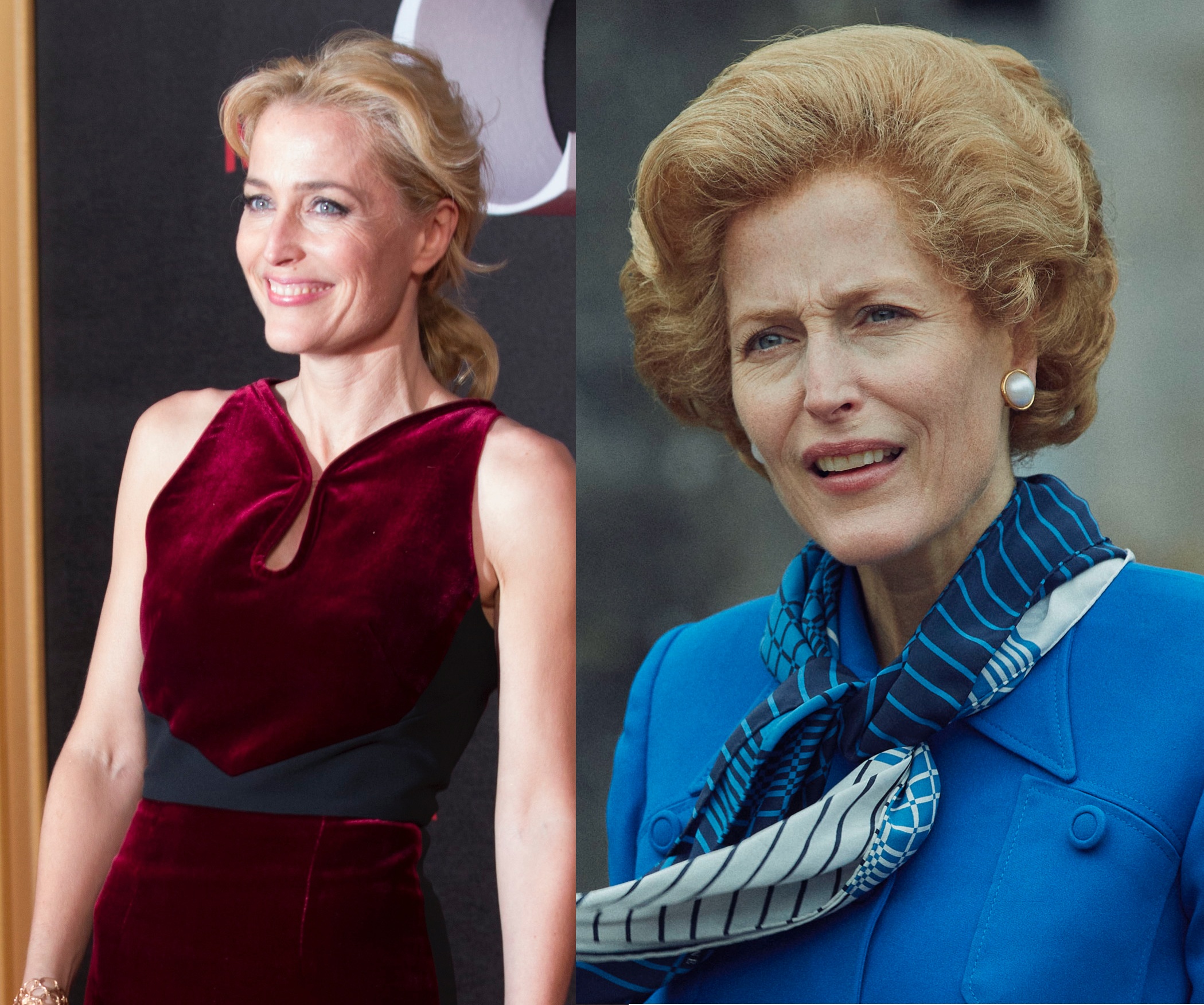 吉蓮安德森（左）從史卡莉探員，直接變成《王冠》第4季的柴契爾夫人。（Netflix提供）