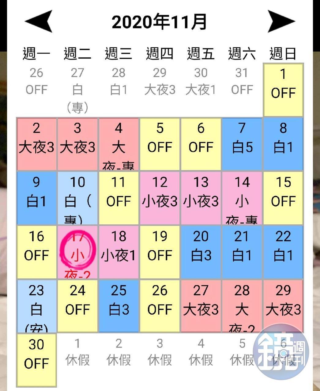 出席記者會的護理師11月班表仍是白天班、小夜班及大夜班三種班表混排。(讀者提供)