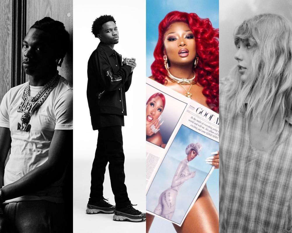 第2屆年度蘋果音樂獎得主,年度藝人Lil Baby(左起)、年度歌曲得主羅迪里奇、年度突破藝人梅根西斯塔莉安、年度最佳詞曲創作人泰勒絲。(Apple Music提供)