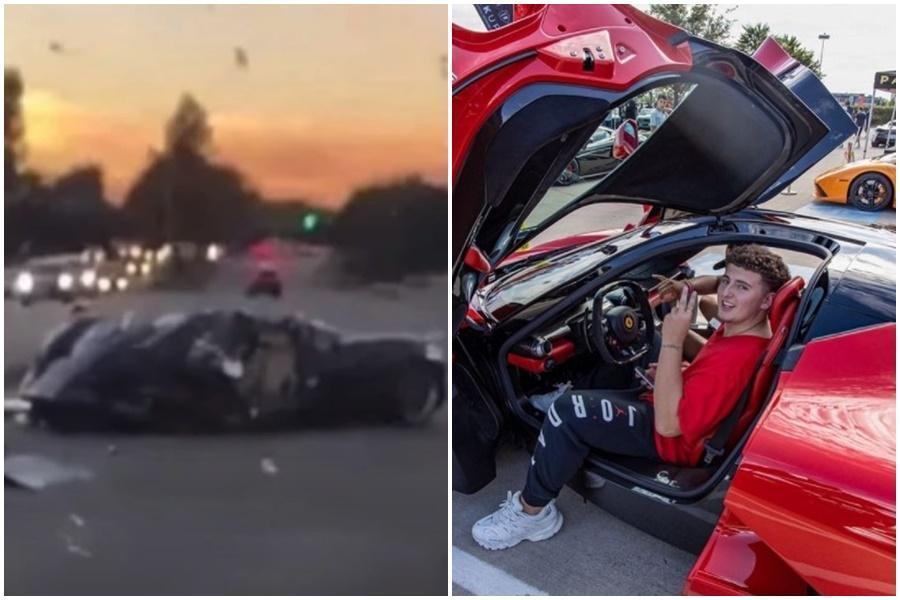 富二代網紅Gage Gillean開父親的近億元超跑自撞路旁樹,他表示「車壞了可以換,我是無可取代的」。(翻攝自Bubba blue YouTube頻道、Gage Gillean IG)