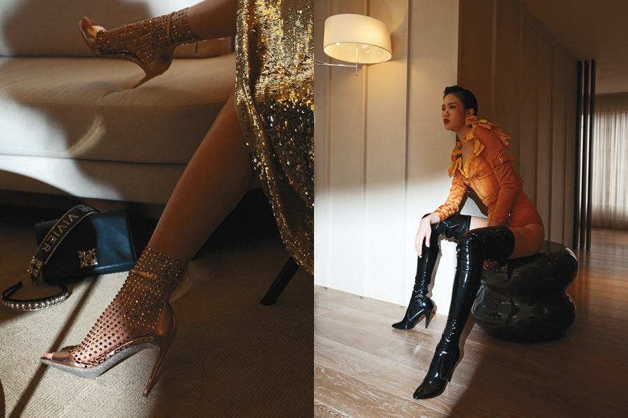 Galaxia金色水晶靴型高跟鞋 NT$65,000 by René Caovilla／金色亮片立領長洋裝 NT$64,500 by MSGM／Miss Vivier凡爾賽水晶釦小羊皮斜背包 NT$127,600 by Roger Vivier／水鑽麻花髮飾 價格店洽 by Roger Vivier／Aylah漆皮長靴 NT$67,200 by SAINT LAURENT／刺繡連身褲 價格店洽 by MOSCHINO