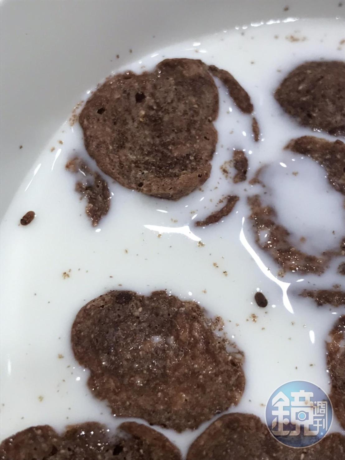 Y女用牛奶泡雀巢早餐脆片,赫然發現煙甲蟲。(讀者提供)