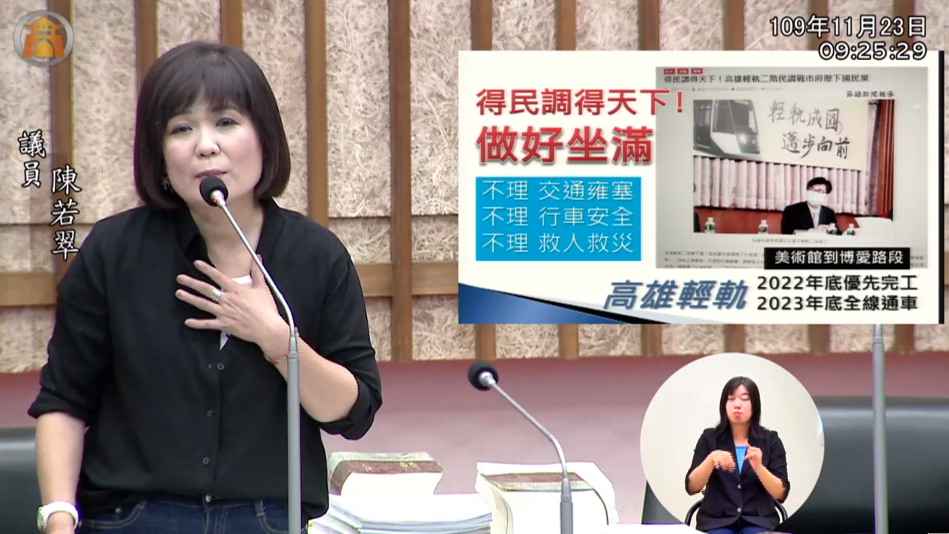 陳若翠於今早質詢時針對高雄輕軌一事提出質疑。(翻攝自高雄市議會官網)