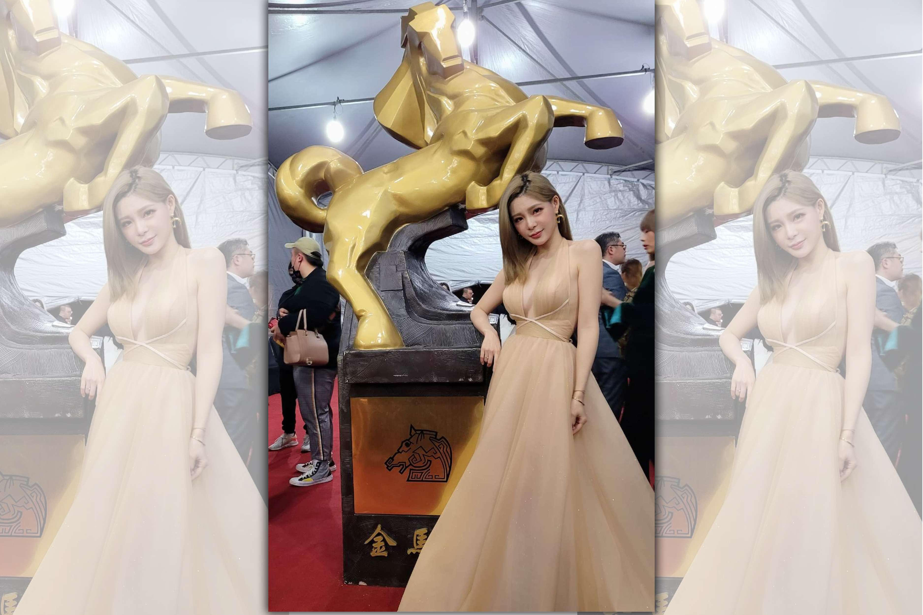 孟慶而上週出席金馬獎，一身金色禮服大露側乳相當性感。（孟慶而）